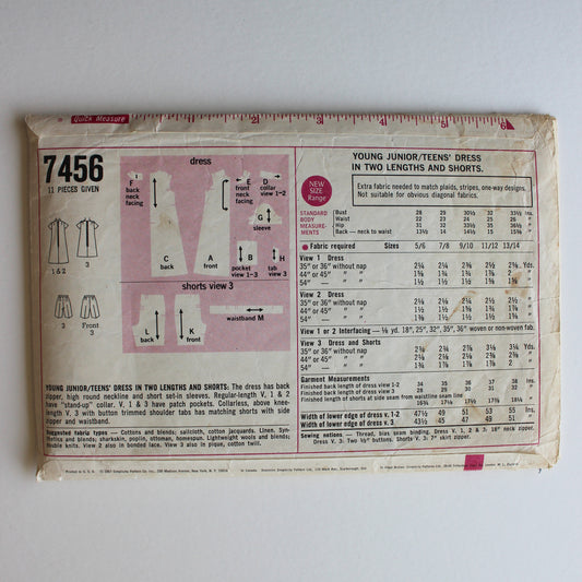 1967 Simplicity 7456 Sewing Pattern Girls Dress Shorts Size 13/14