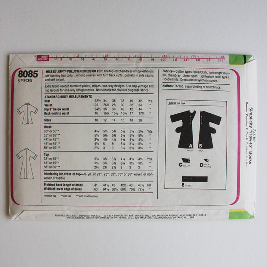 1977 Simplicity 8085 Sewing Pattern Misses Dress Top Size 12