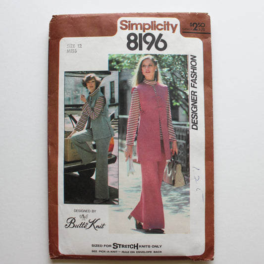 1977 Simplicity 8196 Sewing Pattern Misses Tunic Pants Vest Size 12