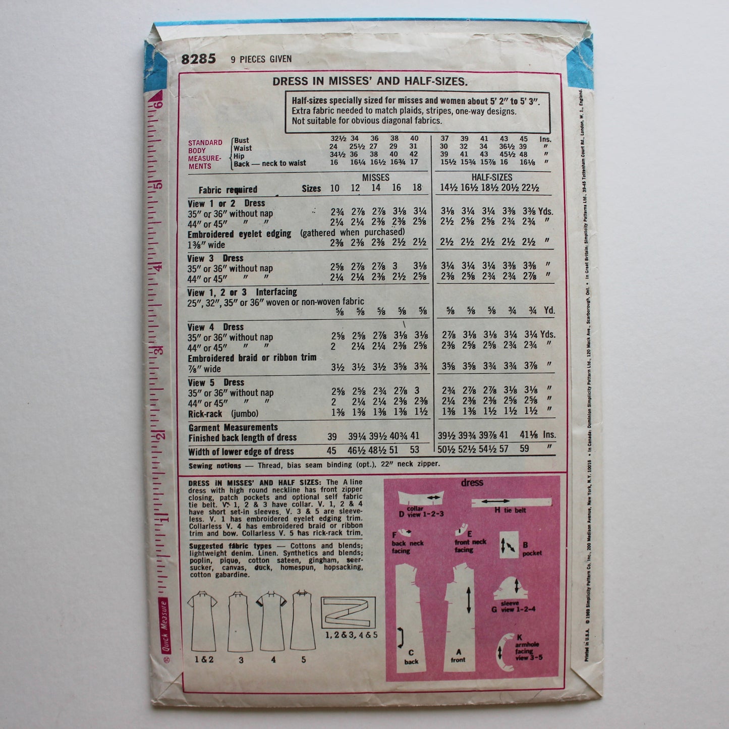 1969 Simplicity 8285 Sewing Pattern Misses Dress Size 12