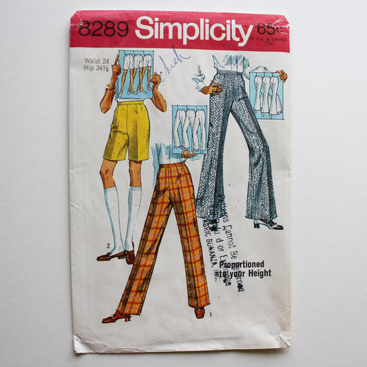 1969 Simplicity 8289 Sewing Pattern Misses Pants Shorts Size Waist 24