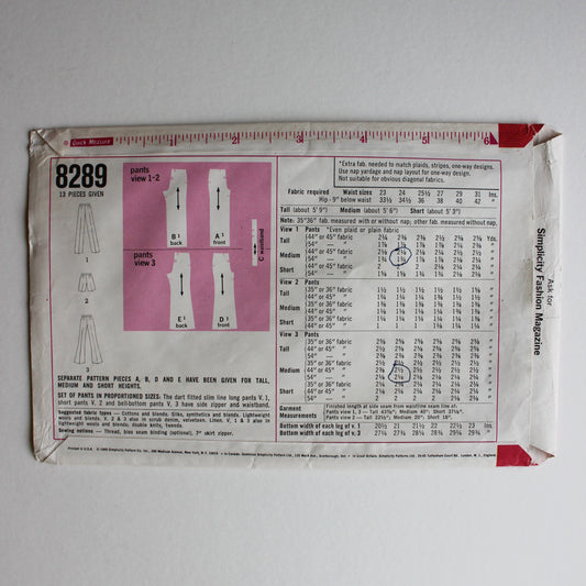 1969 Simplicity 8289 Sewing Pattern Misses Pants Shorts Size Waist 24