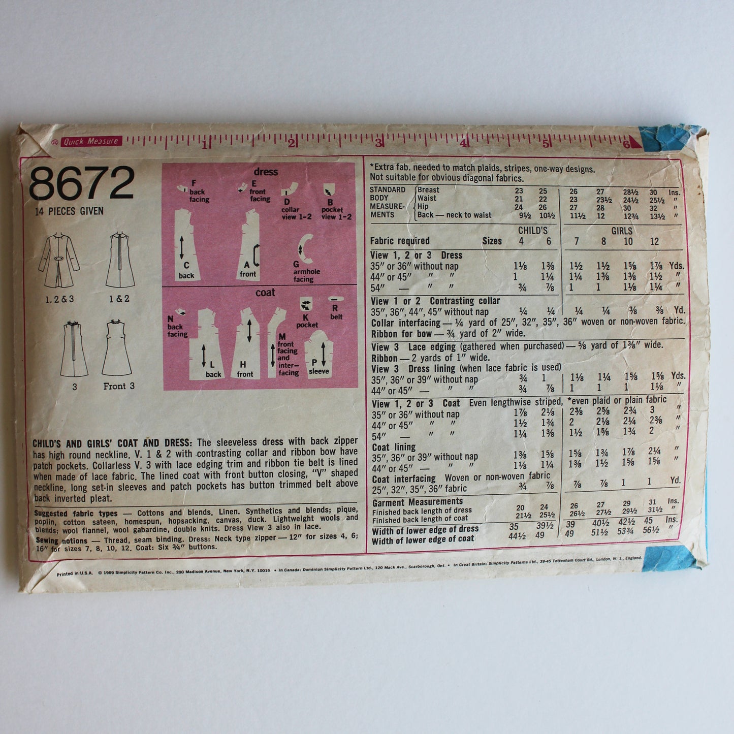 1969 Simplicity 8672 Sewing Pattern Girls Coat Dress Size 6