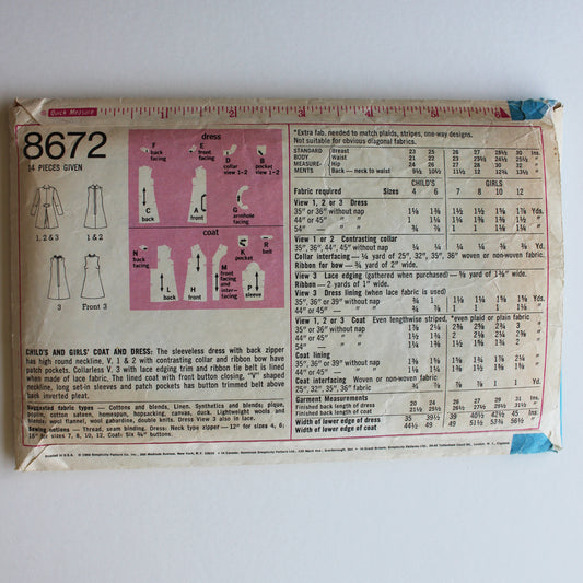 1969 Simplicity 8672 Sewing Pattern Girls Coat Dress Size 6