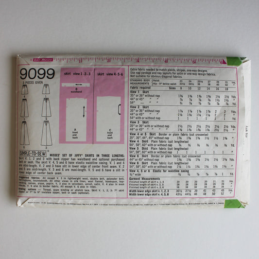 1970 Simplicity 9099 Sewing Pattern Misses Skirt Size 12