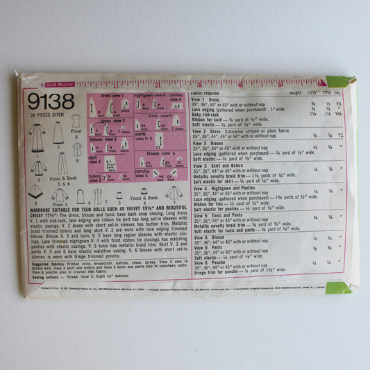 1970 Simplicity 9138 Sewing Pattern Doll Wardrobe Size 15 1/2"