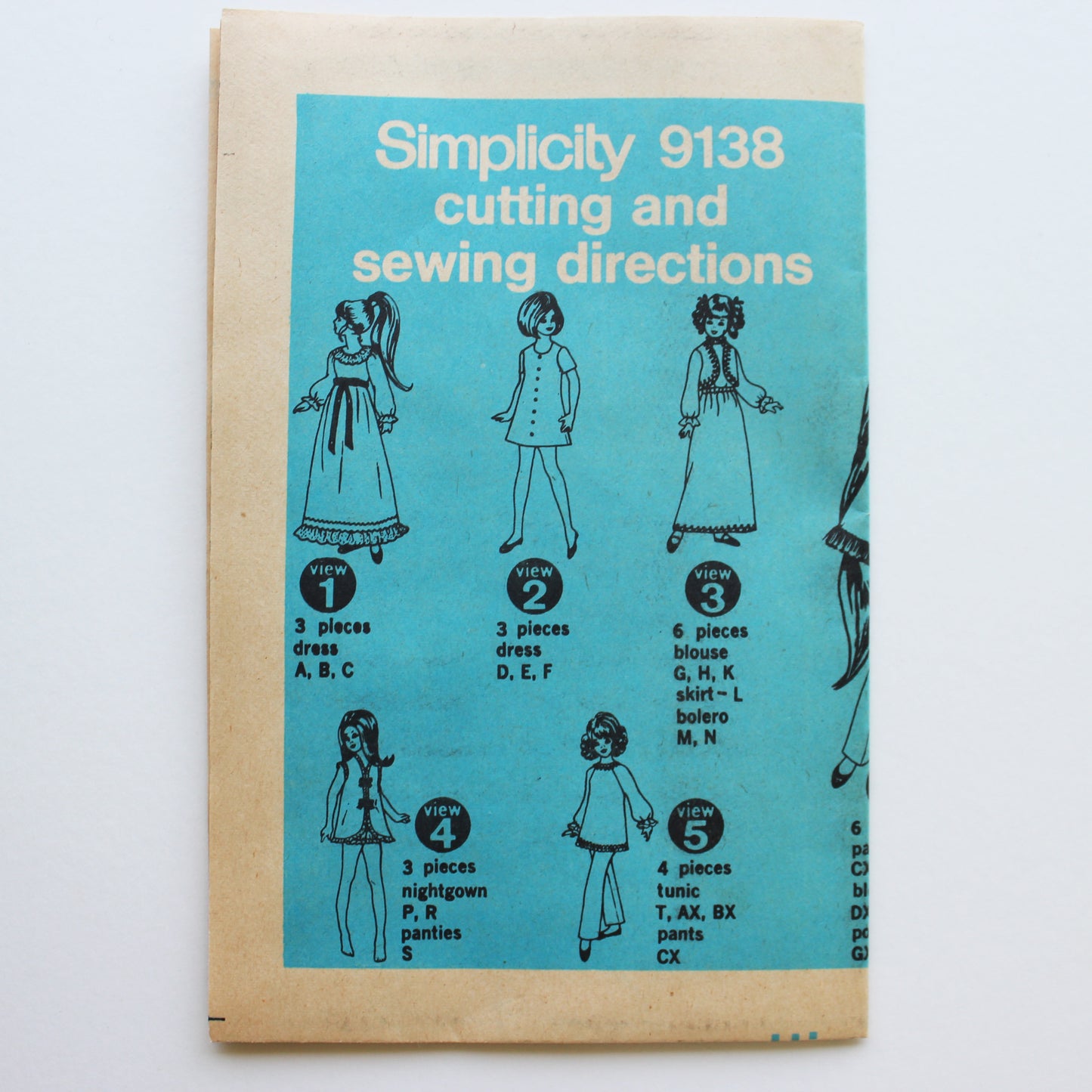1970 Simplicity 9138 Sewing Pattern Doll Wardrobe Size 15 1/2"