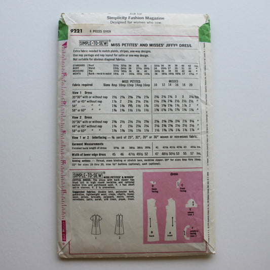 1970 Simplicity 9221 Sewing Pattern Misses Dress Size 12