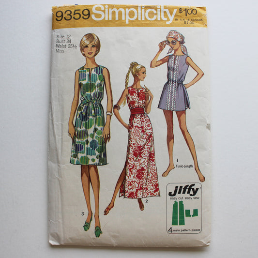 1971 Simplicity 9359 Sewing Pattern Misses Dress Tunic Shorts Size 12