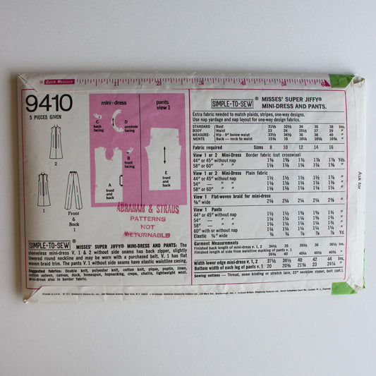 1971 Simplicity 9410 Sewing Pattern Misses Dress Pants Size 12