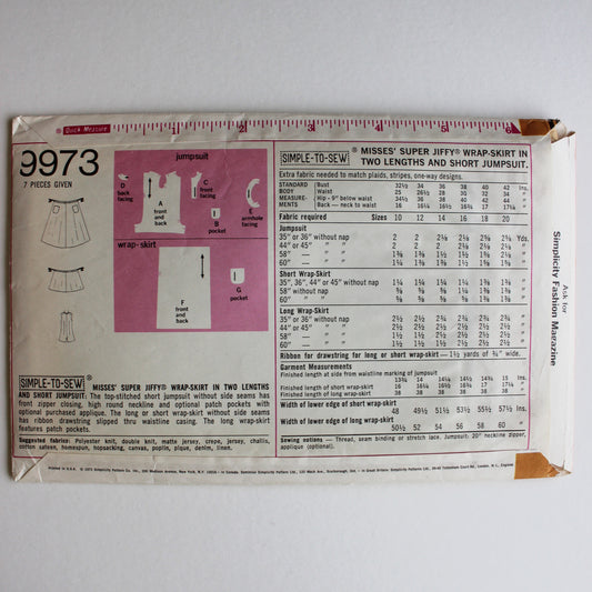 1972 Simplicity 9973 Sewing Pattern Misses Wrap-Skirt Jumpsuit Size 12
