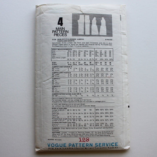 1970s Vogue 8136 Sewing Pattern Misses Jumper Pants Shorts Size 12