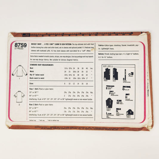 1978 Simplicity 8759 Sewing Pattern Misses Shirt Size 8