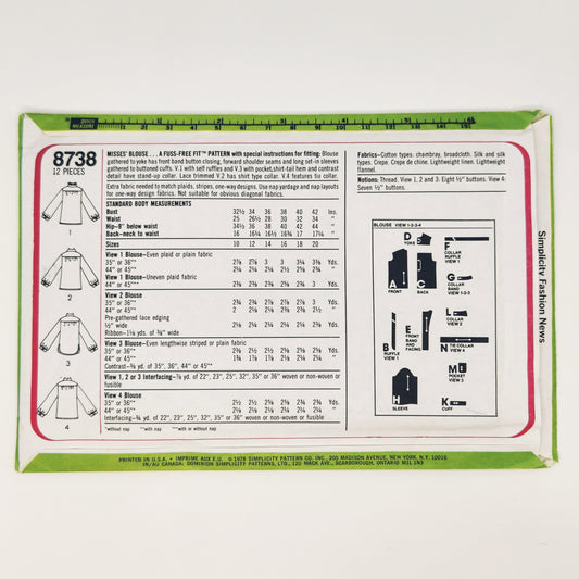 1978 Simplicity 8738 Sewing Pattern Misses Blouse Size 10