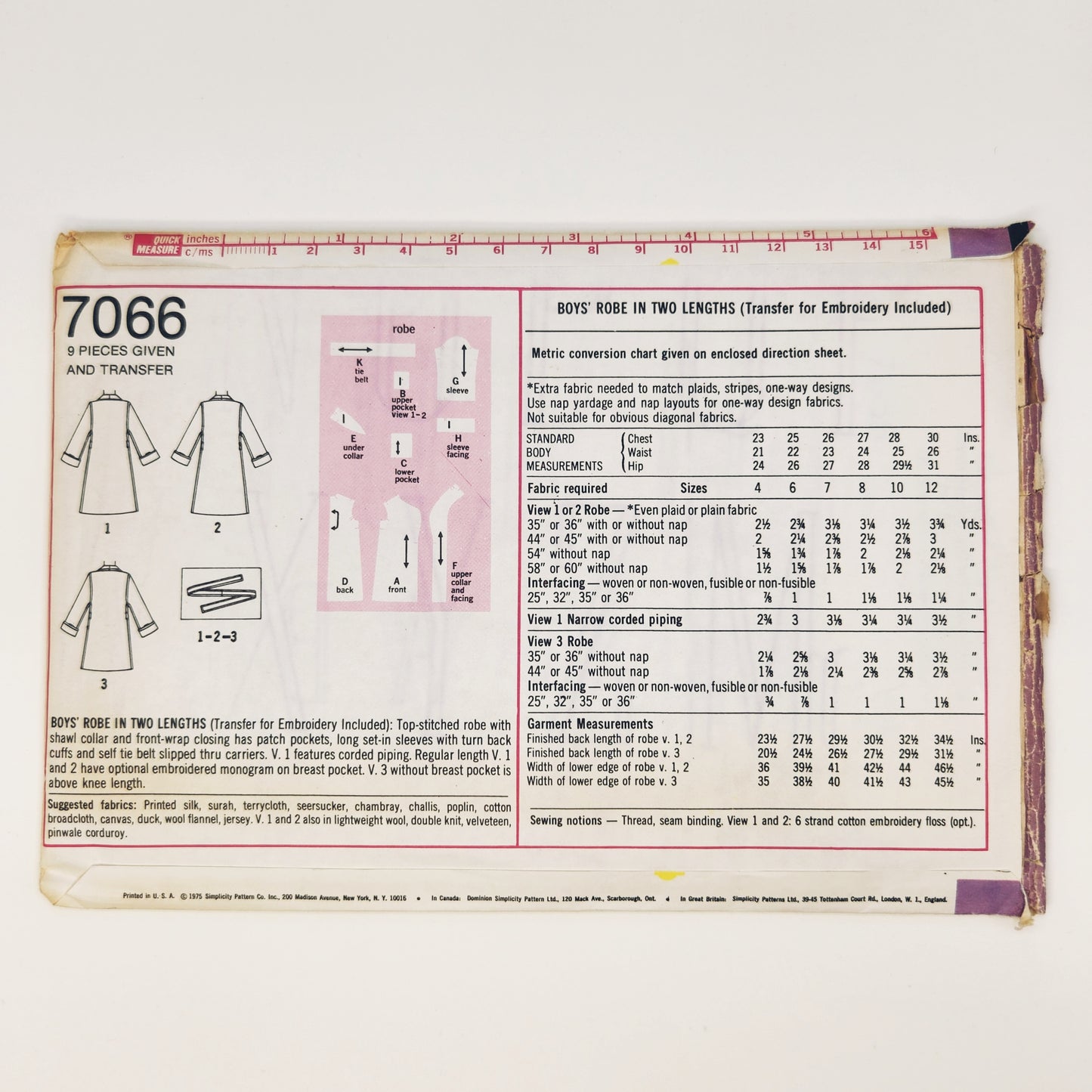 1975 Simplicity 7066 Sewing Pattern Boys Robe Two Lengths Size 6
