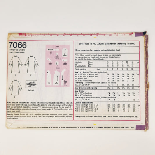1975 Simplicity 7066 Sewing Pattern Boys Robe Two Lengths Size 6