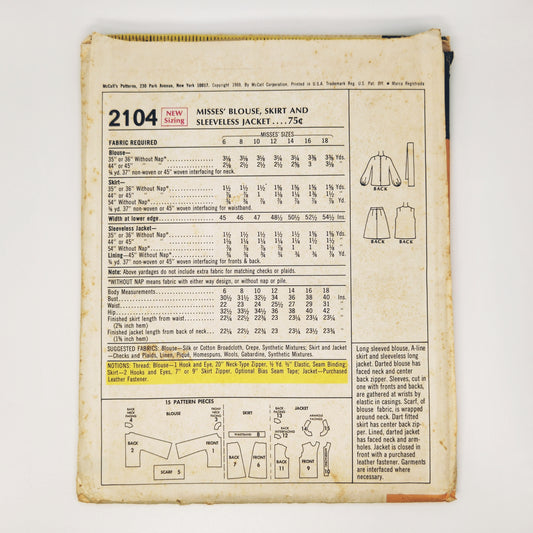 1969 McCall's 2104 Sewing Pattern Misses Blouse Skirt Jacket Size 18