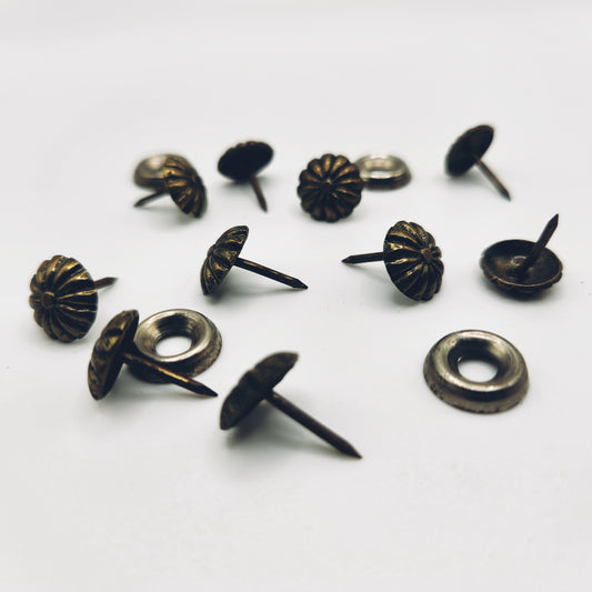 10 Flower Head Upholstery Tacks & 4 Screw Rings