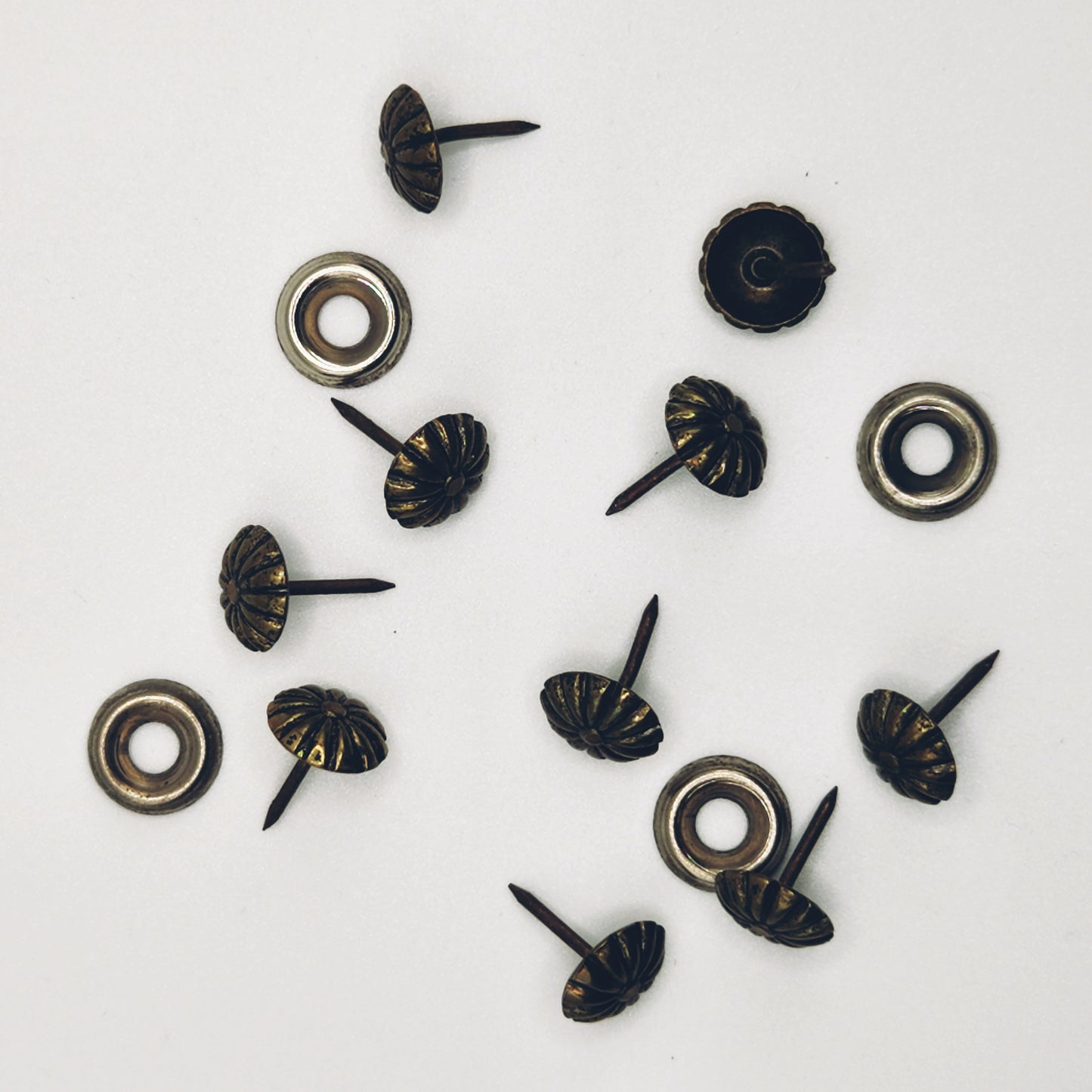 10 Flower Head Upholstery Tacks & 4 Screw Rings