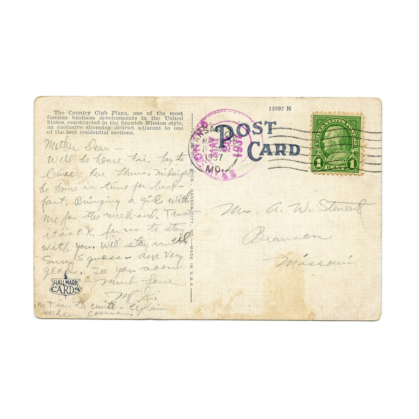1937 Postcard Country Club Plaza Kansas City MO