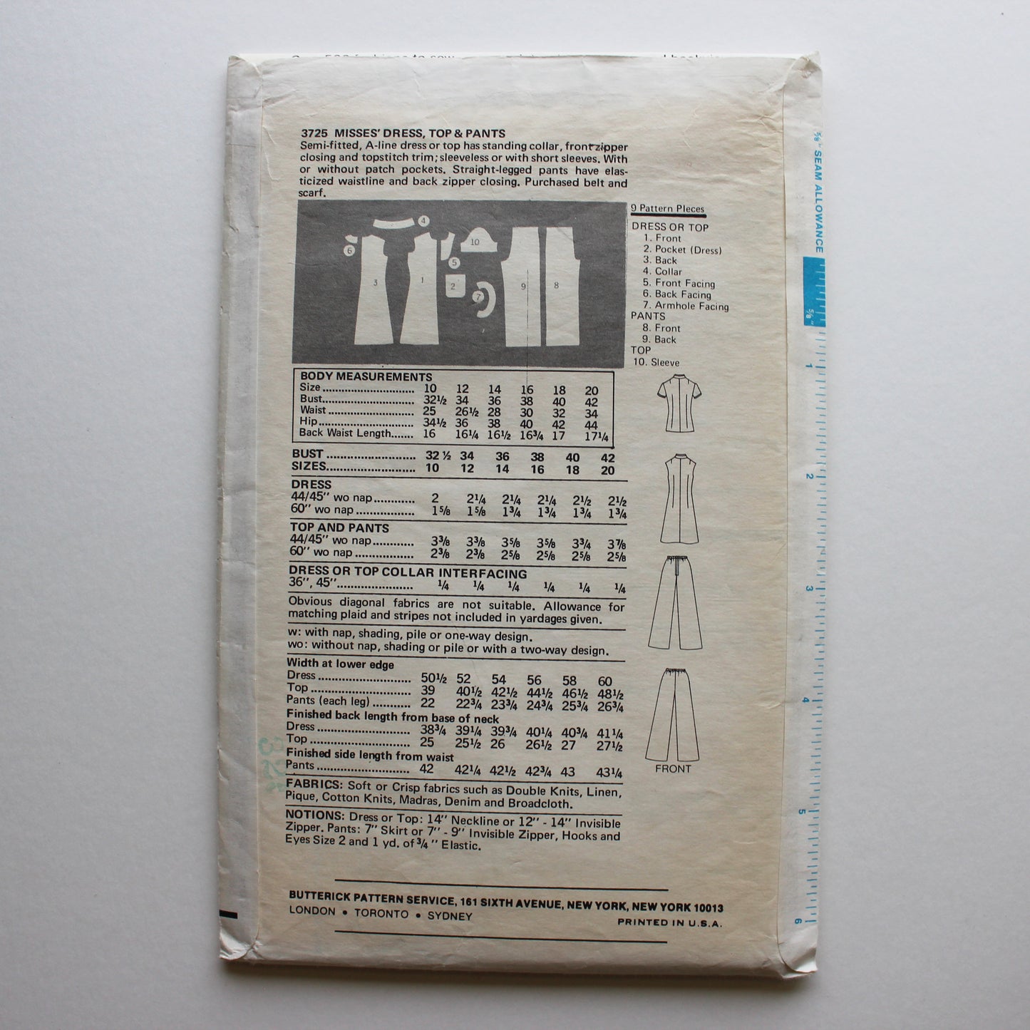 1970s Butterick 3725 Sewing Pattern Misses Dress Top Pants Size 12