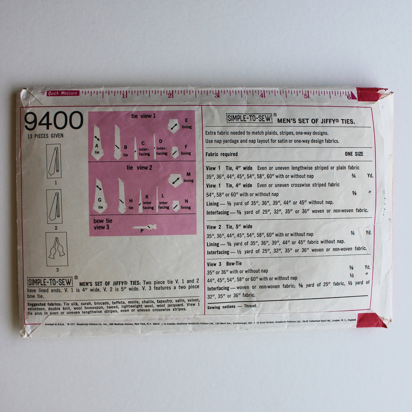 1971 Simplicity 9400 Sewing Pattern Mens Ties