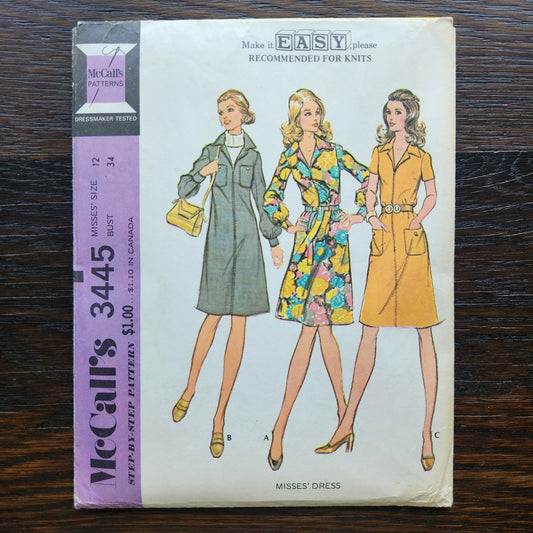 McCall's 3445 Sewing Pattern Misses Dress Size 12