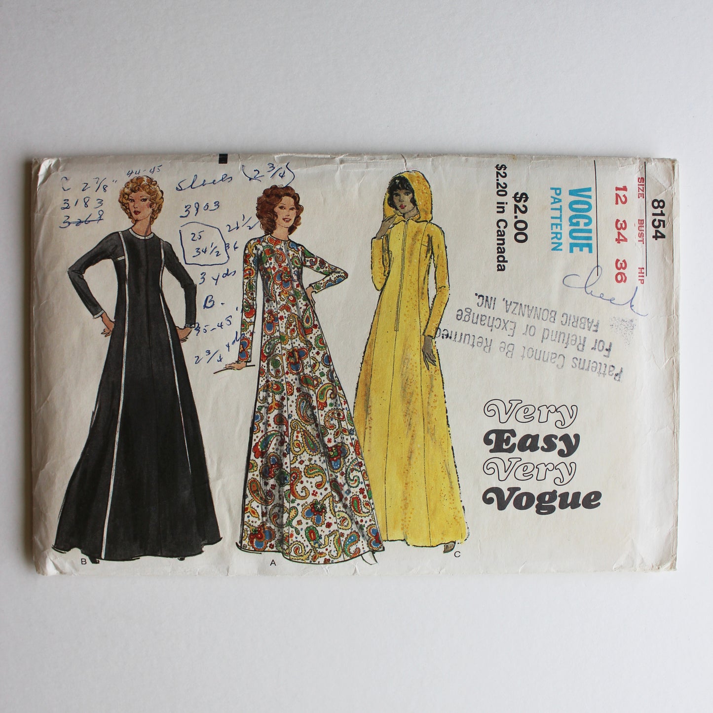 1970s Vogue 8154 Sewing Pattern Misses Robe Size 12