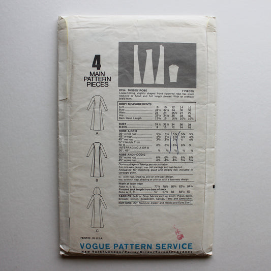 1970s Vogue 8154 Sewing Pattern Misses Robe Size 12