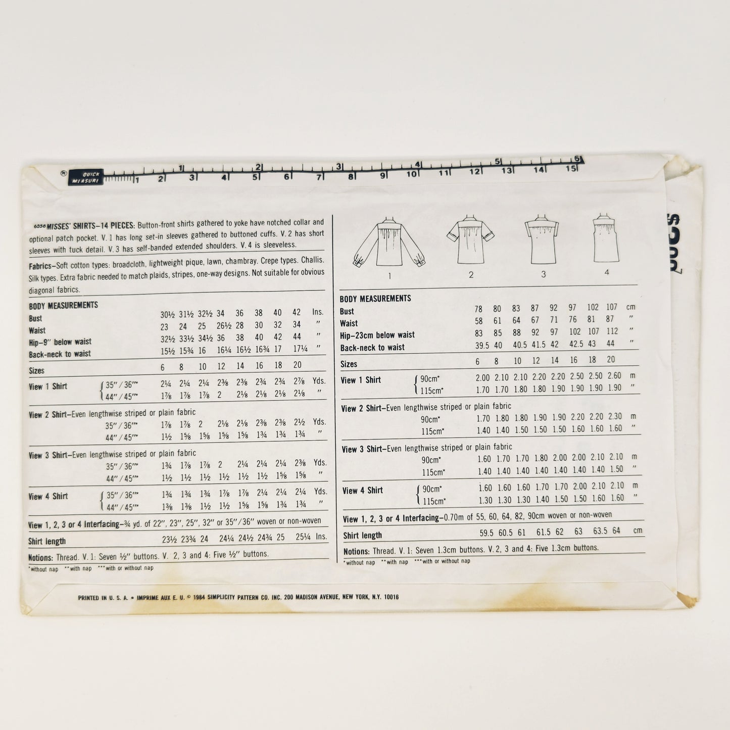 1984 Simplicity Pattern 6358 Misses Shirts Size 6-8