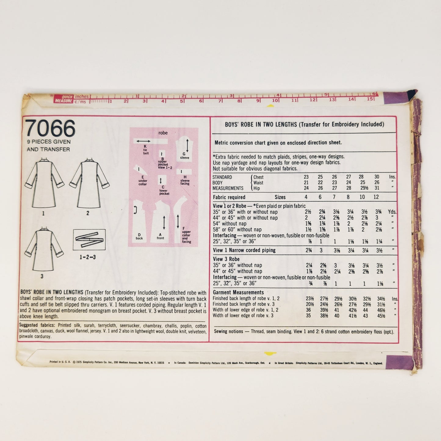 1975 Simplicity Pattern 7066 Boys Robe Two Lengths Size 6