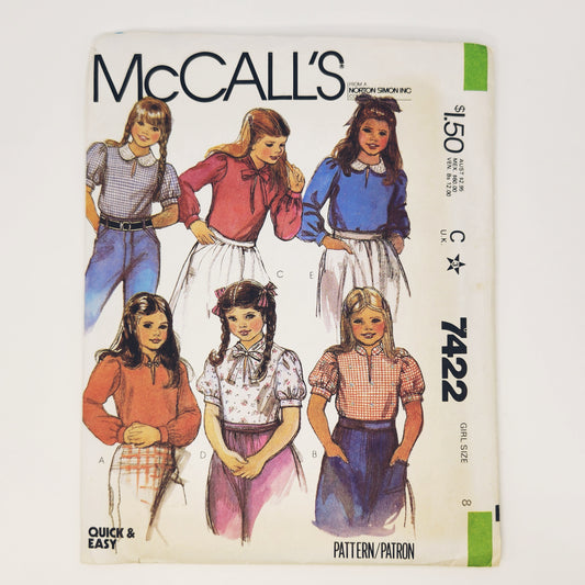 1981 McCall's Pattern 7422 Girls Blouse Size 8