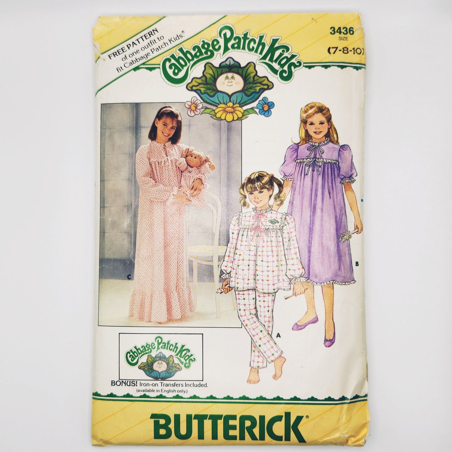1985 Butterick Pattern 3436 Cabbage Patch Kids Girls Nightgown PJ Top Pants Size 7-8-10