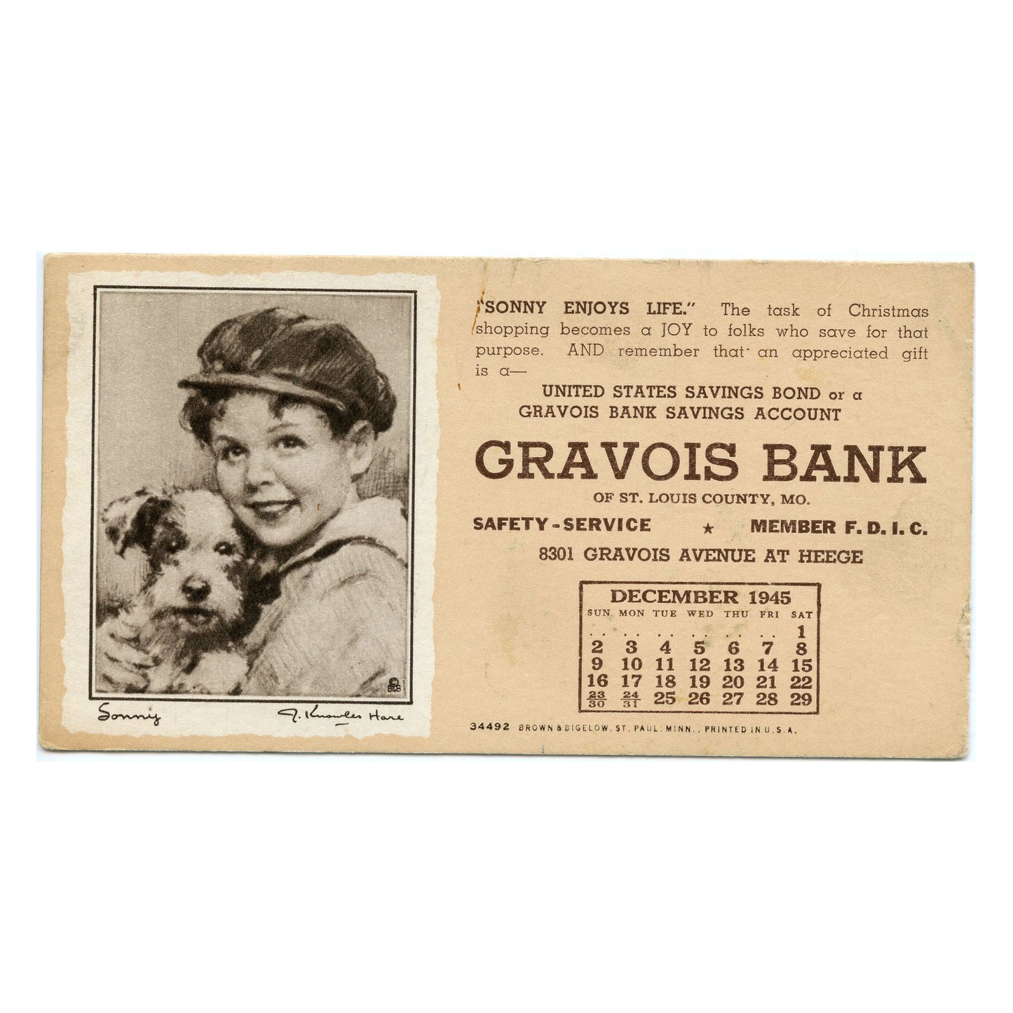 1945 Advertising Card Gravois Bank St. Louis County MO
