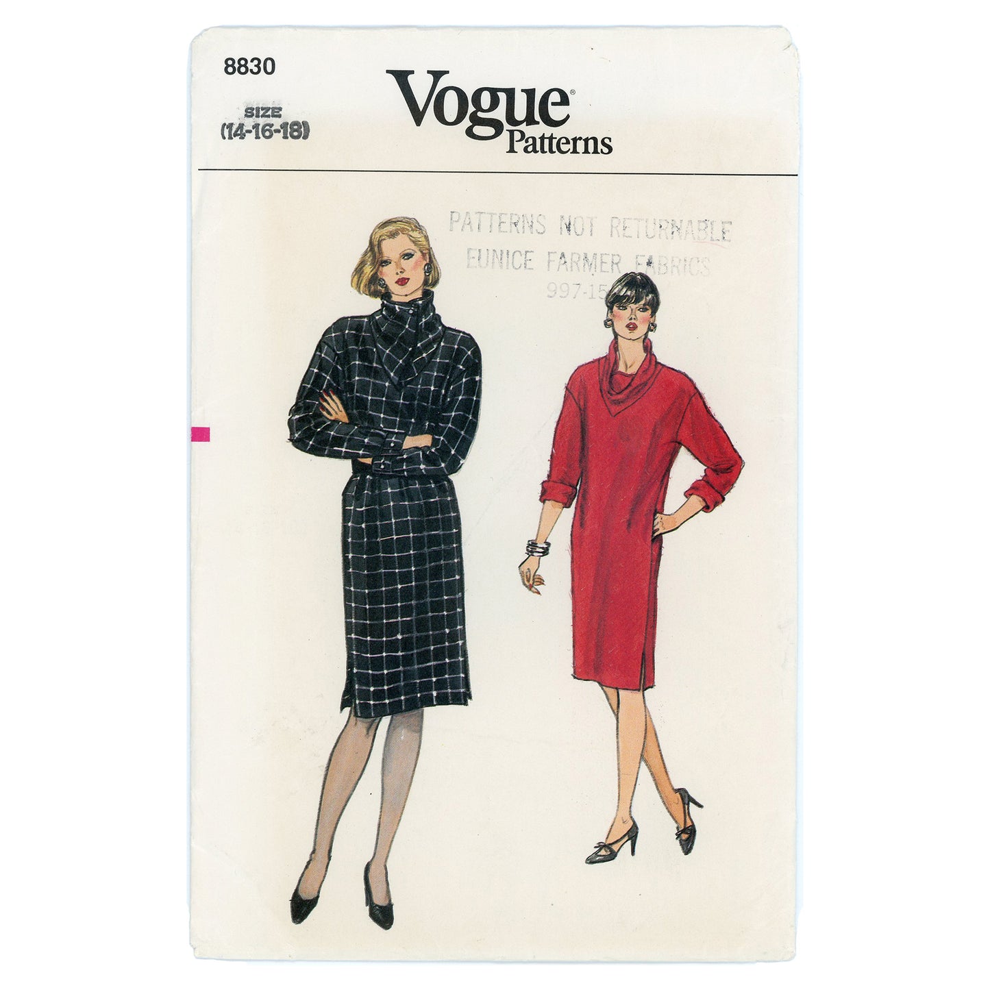 1980s Vogue Pattern 8830 Misses Dress Size 14-16-18